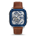 Fossil Inscription Automatic Skeleton Blue Dial Brown Leather Strap Watch for Men - BQ2571