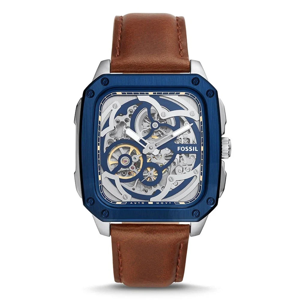 Fossil Inscription Automatic Skeleton Blue Dial Brown Leather Strap Watch for Men - BQ2571